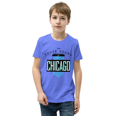Youth House Music T-Shirt 'House Sound of Chicago' design in heather columbia blue, front view