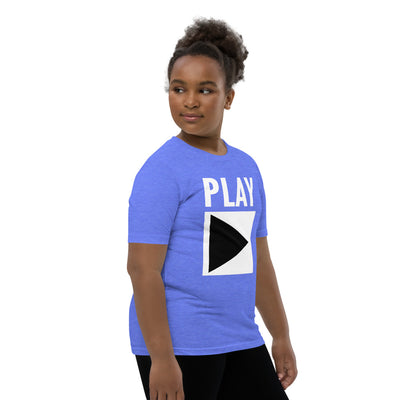 Youth DJ T-Shirt 'Play' design in heather columbia blue, front view