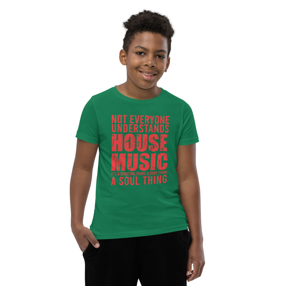 Youth House Music T-Shirt 'House Music Lover' design in kelly green, front view