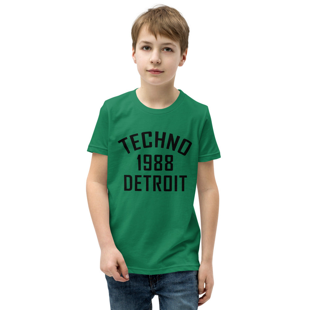 Youth Techno T-Shirt '1988 Detroit' design in kelly green, front view