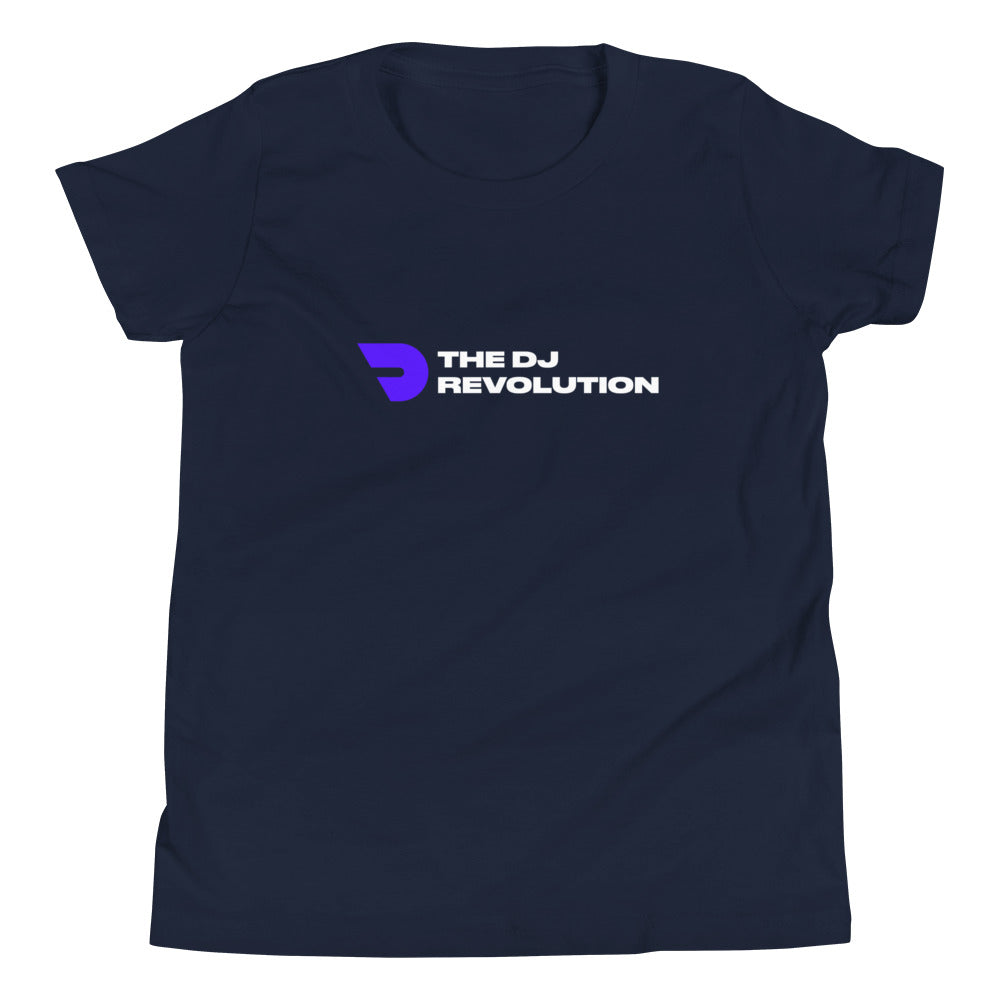 Youth DJ T-Shirt 'The DJ Revolution' design in navy, front view