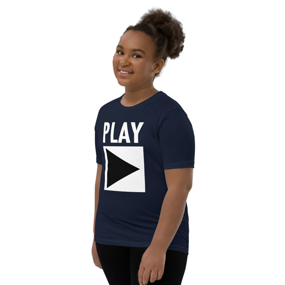 Youth DJ T-Shirt 'Play' design in navy, front view