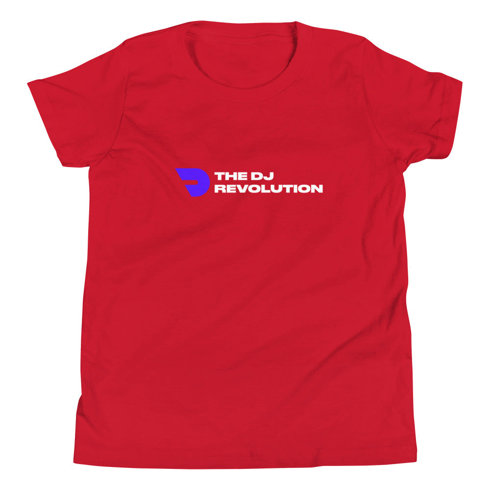 Youth DJ T-Shirt 'The DJ Revolution' design in red, front view