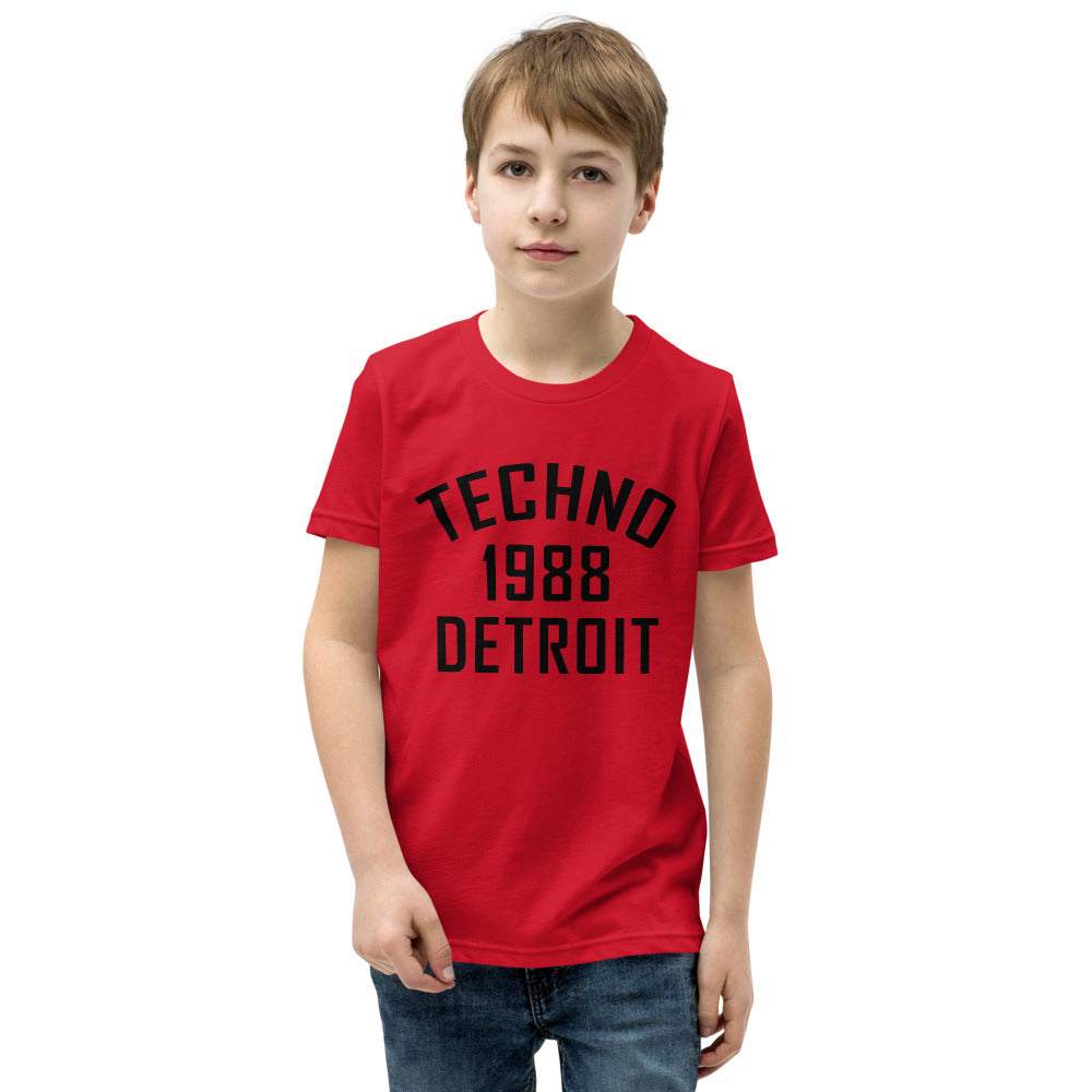 Youth Techno T-Shirt '1988 Detroit' design in red, front view