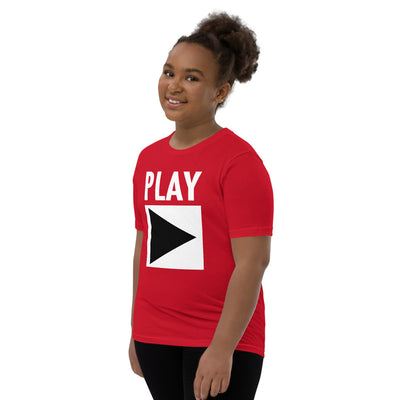Youth DJ T-Shirt 'Play' design in red, front view