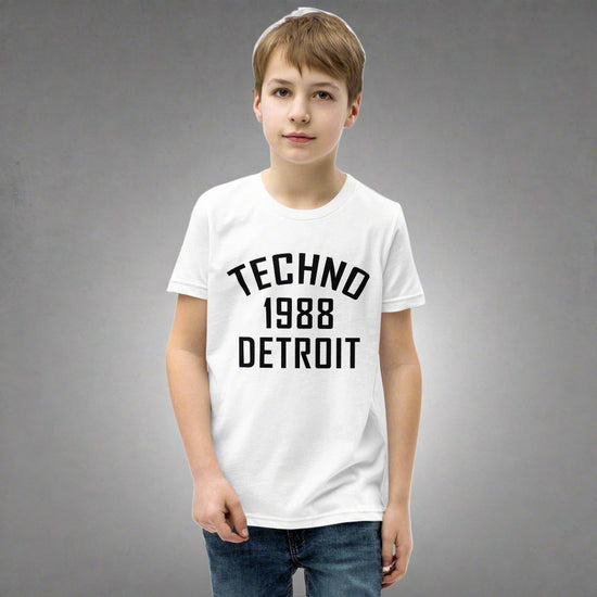 Youth Techno T-Shirt '1988 Detroit' design in white, front view
