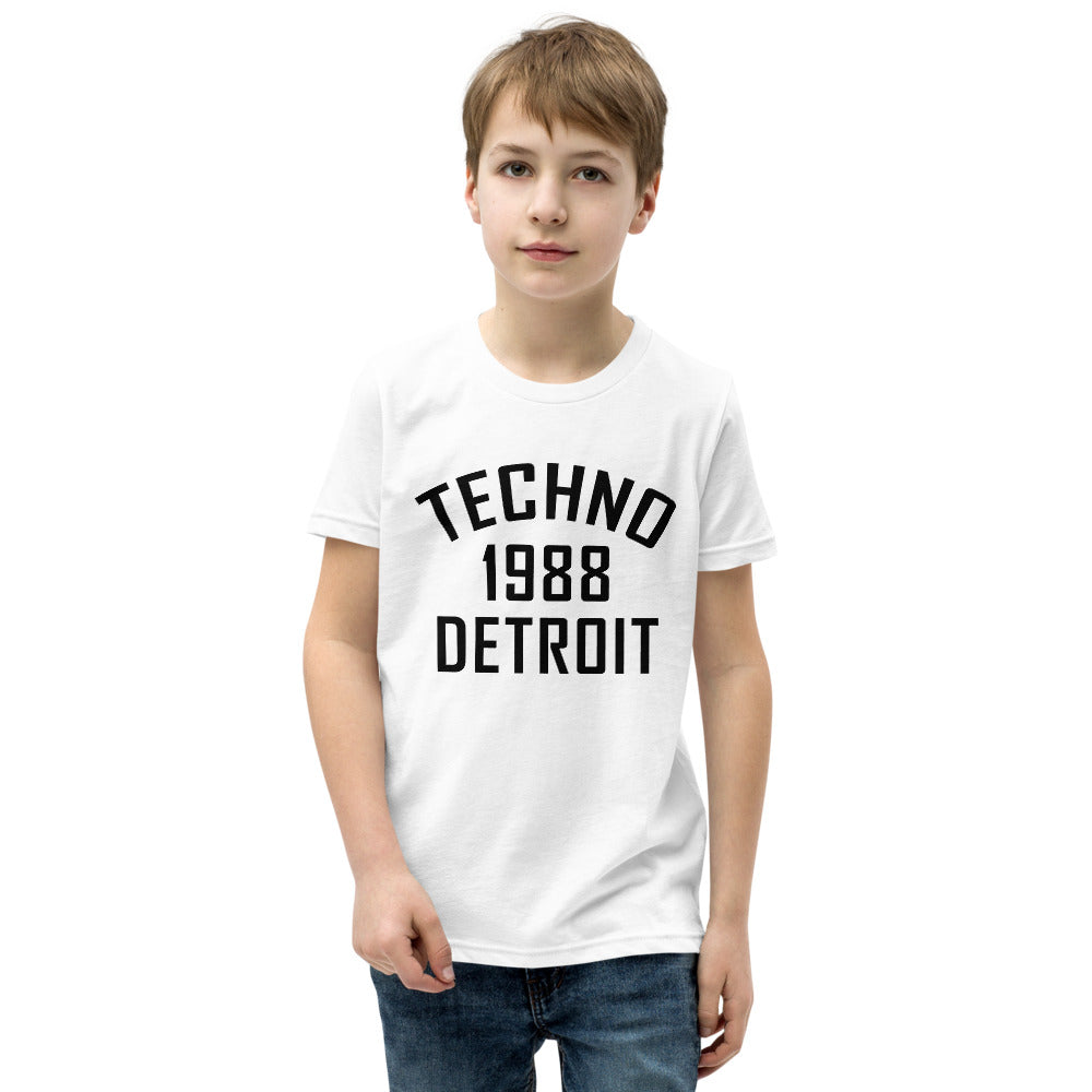 Youth Techno T-Shirt '1988 Detroit' design in white, front view